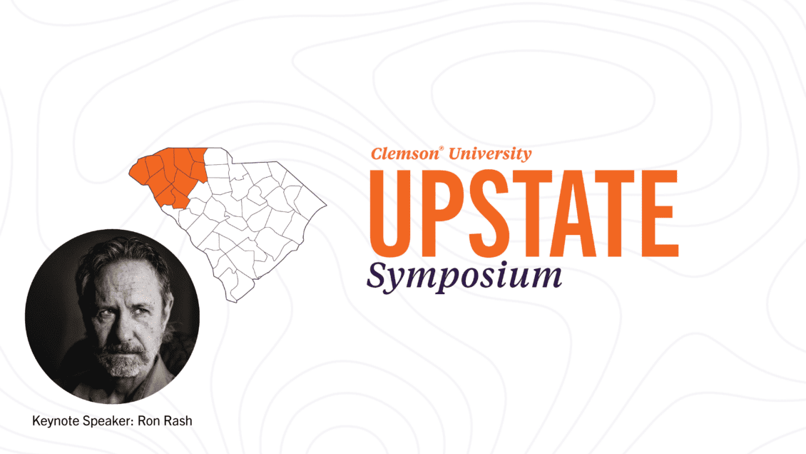 Upstate Symposium logo with photo of keynote speaker Ron Rash