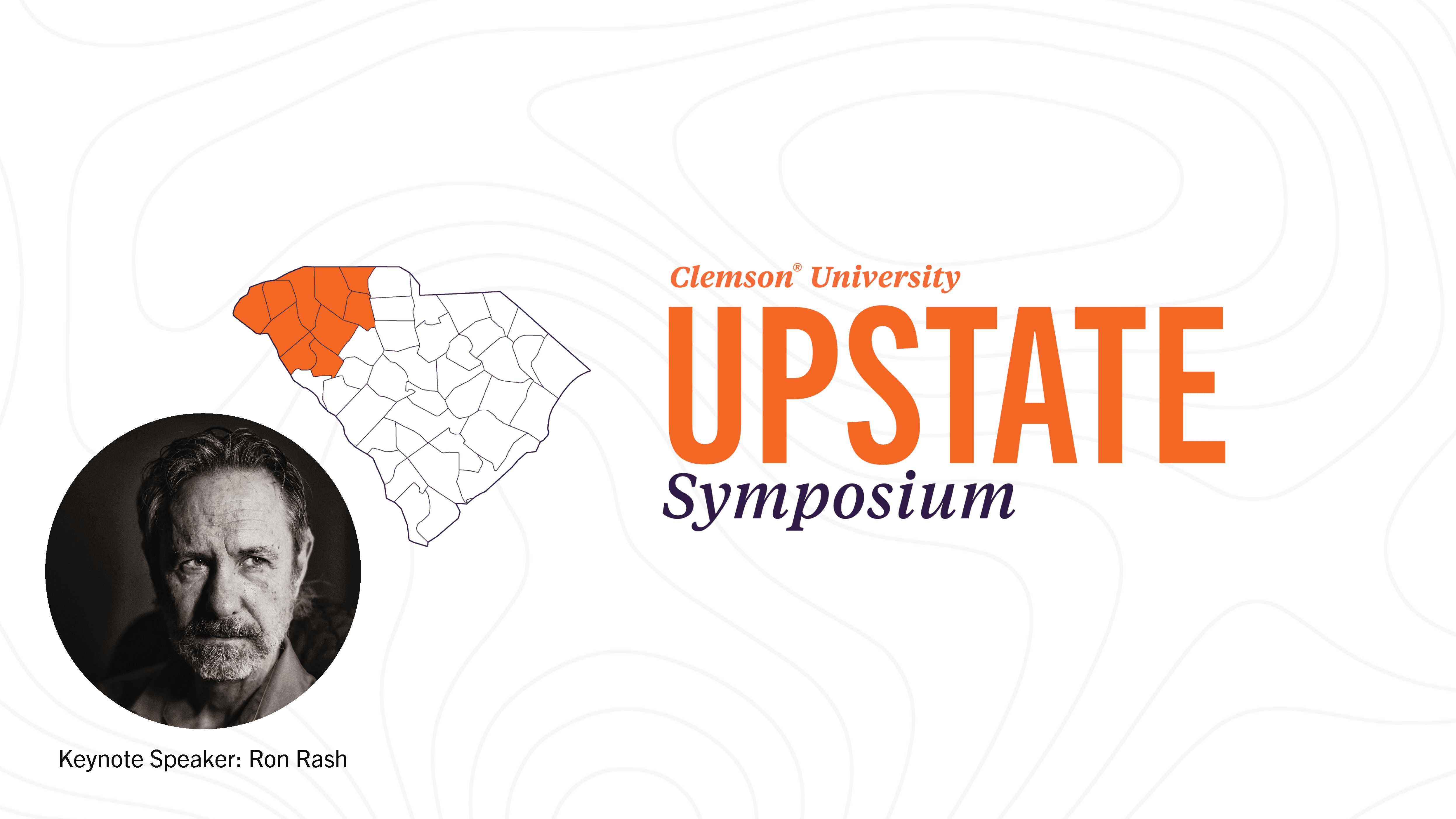 Upstate Symposium logo with photo of keynote speaker Ron Rash