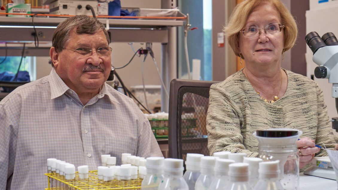 Man and woman are sitting at a table in a lab