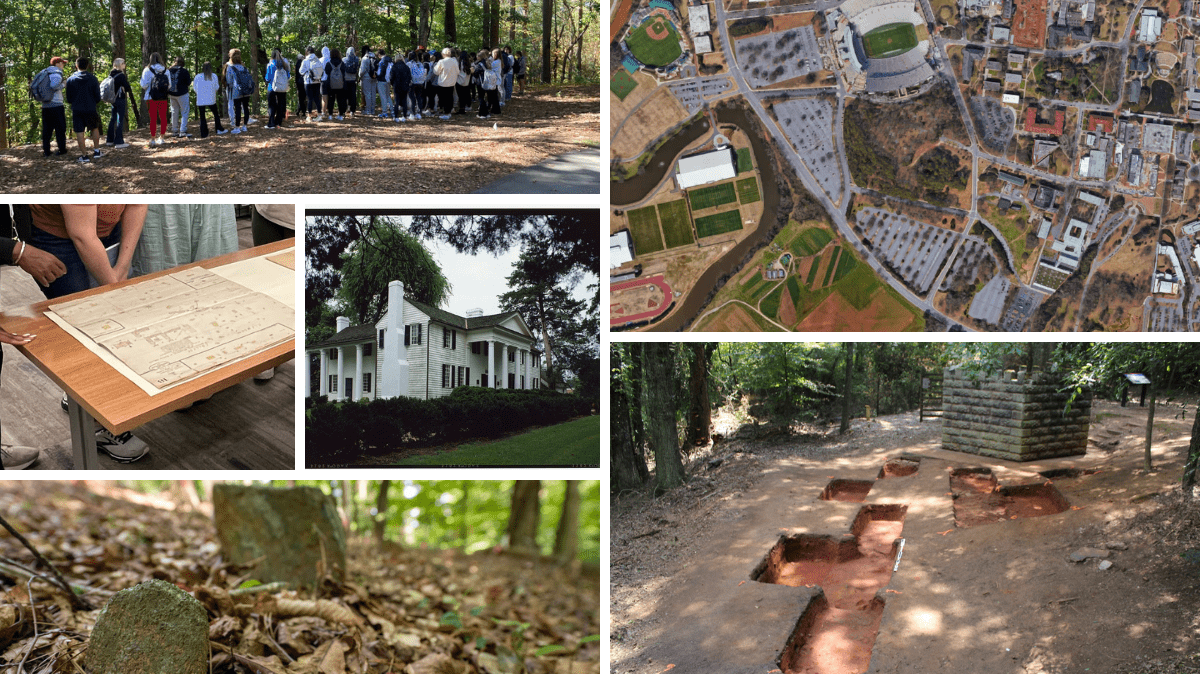 A collage of photos from Clemson University including a group touring the Woodland Cemetery, Fort Hill National Historic Landmark, an aerial photo of main campus, and an archeological dig.