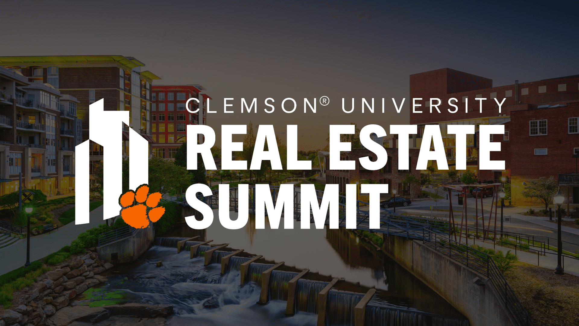 Clemson University Real Estate Summit logo with a photo of Greenville in the background