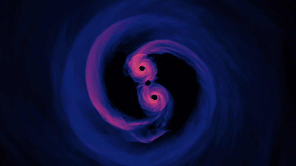 An artist rendering of a binary supermassive black hole.