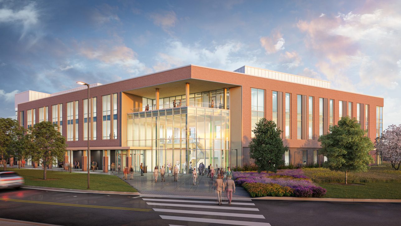 A rendering of a large brick and glass building with students, staff and faculty walking in a crosswalk outside