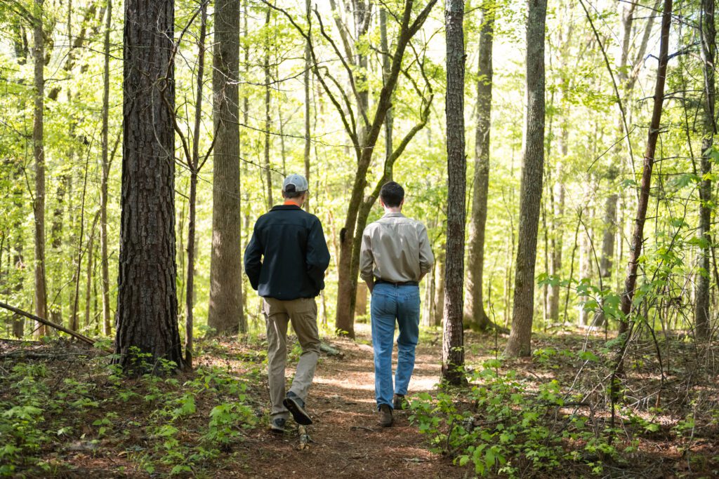 Two men wearing jackets are walking through the forest. Their backs are facing the camera. 