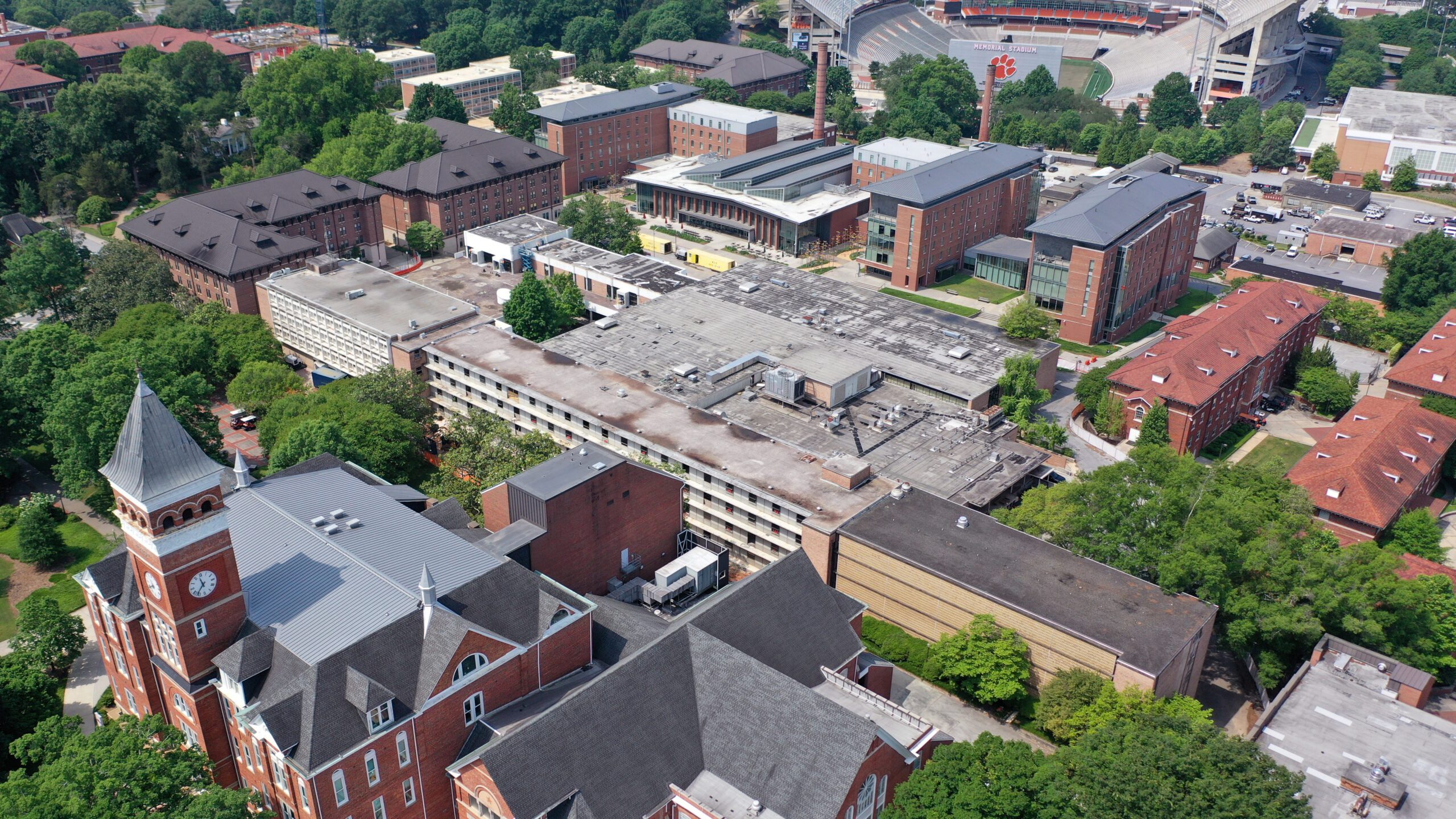 An overhead view of Clemson University's campus, with Johnstone Hall/University Union in the center