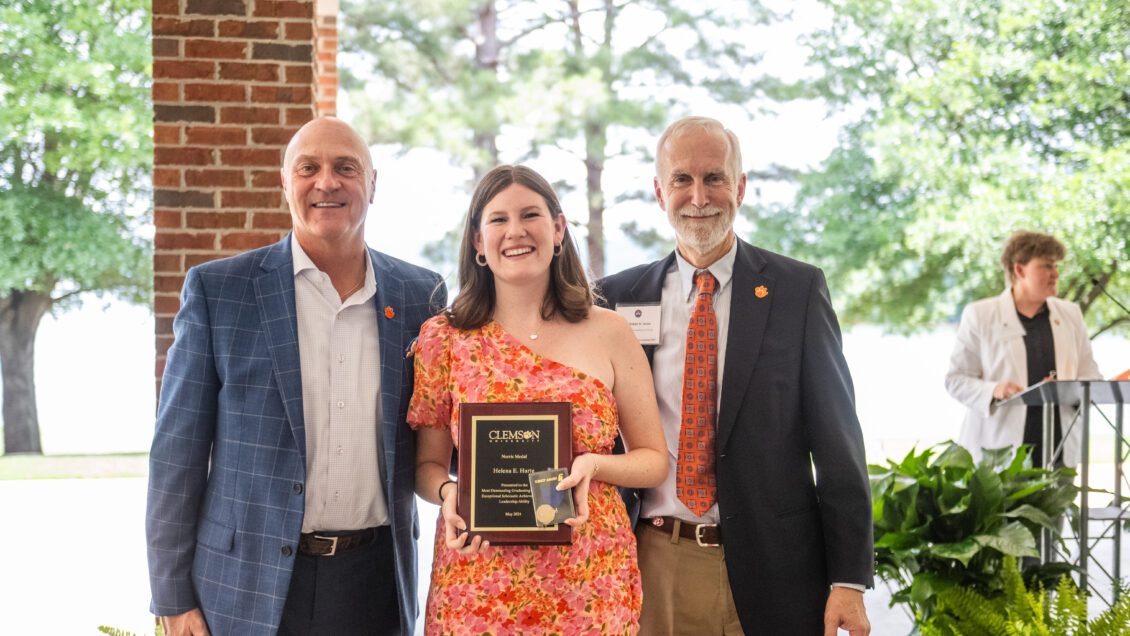Clemson President Jim Clements poses for a picture with Norris Medal recipient Helena Harte and Provost Bob Jones.