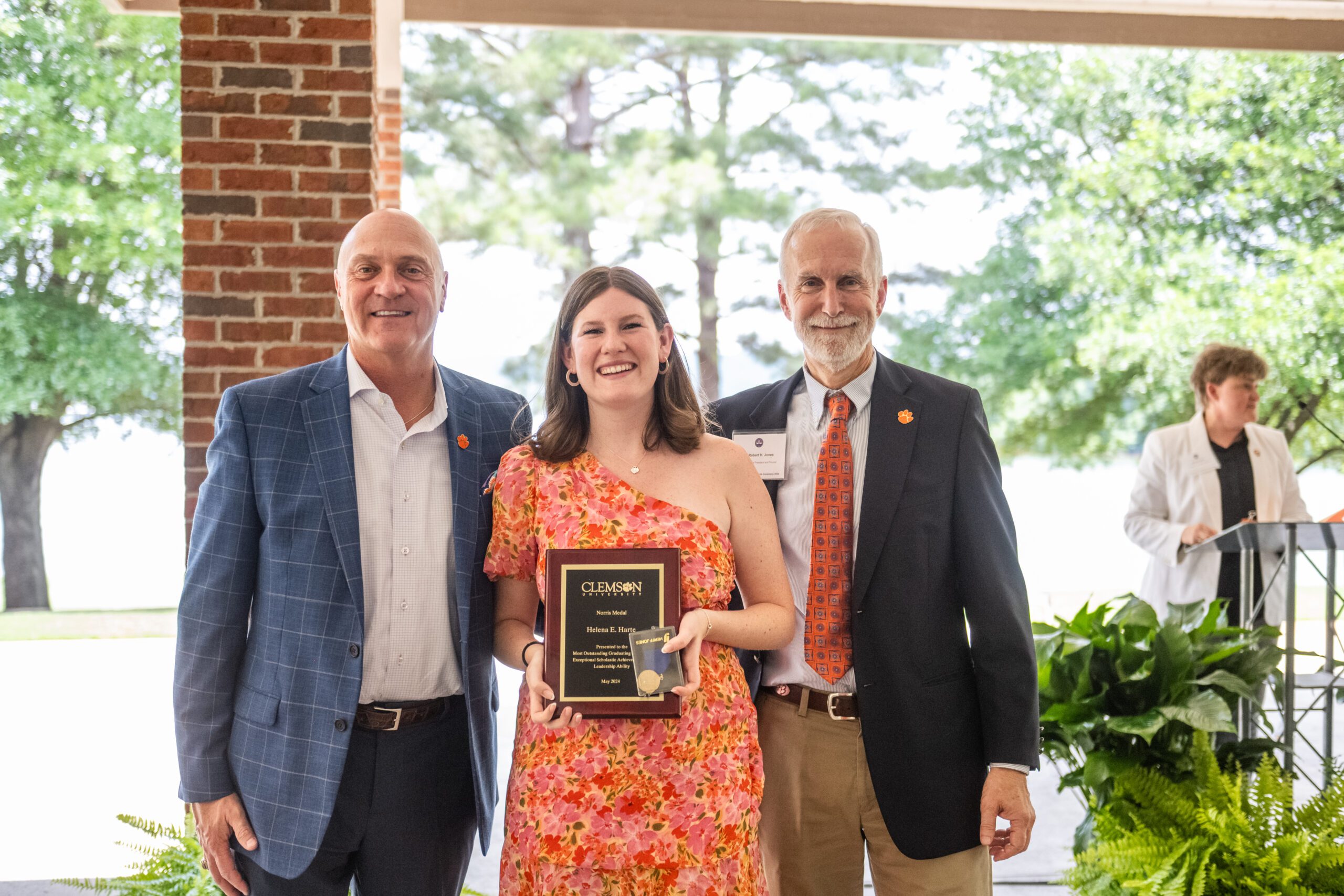 Clemson President Jim Clements poses for a picture with Norris Medal recipient Helena Harte and Provost Bob Jones.