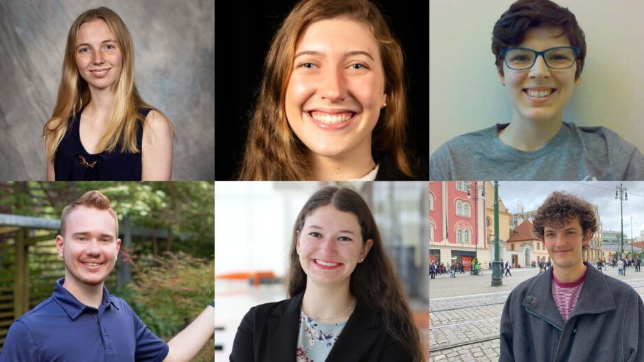 Clemson's graduate research fellowship recipients in order: Virginia (Gracie) Dellinger, Annika DeVol, Lillian (Lily) Margeson, Joshua Murray, Kayleigh Trumbull and Michael Smith.