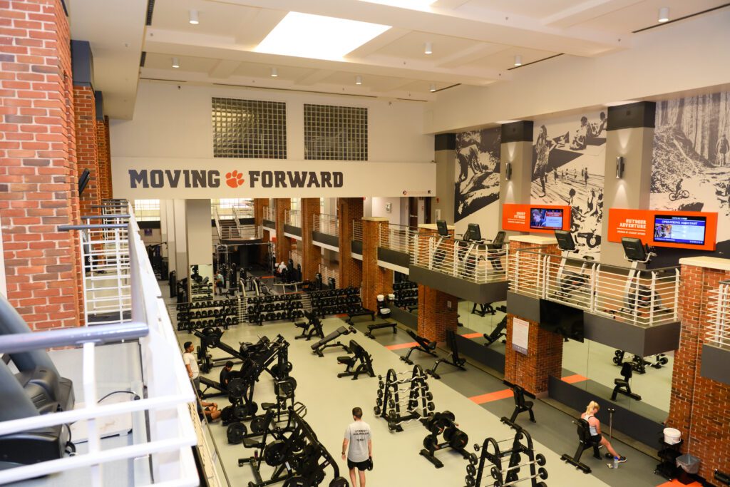 An overhead view of the Fike Recreation gym with various workout equipment.