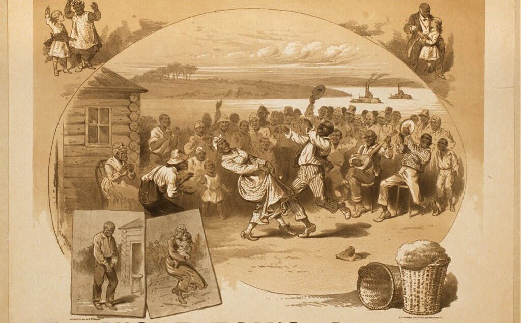 An historical, sepia-toned image showing a crowd of Black people under an archway that reads "Uncle Tom's Cabin."