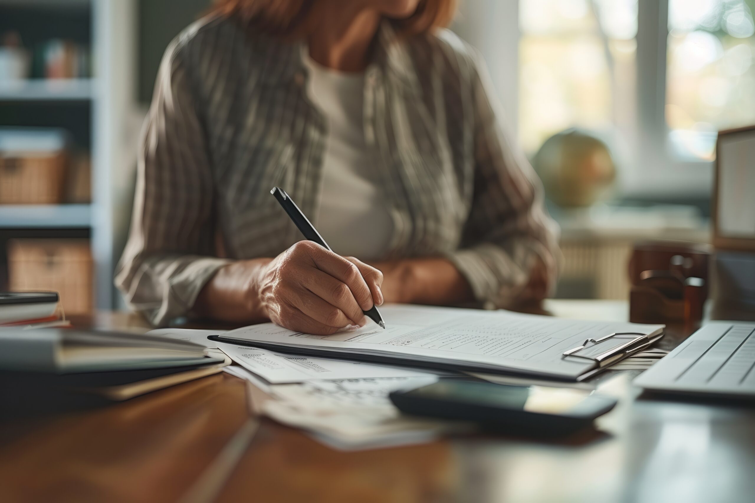 A woman's hand writes on a piece of paper with a cellphone in the foreground.