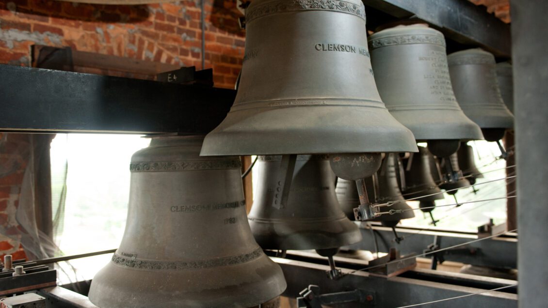 Environmental portrait of the Carillon Bells in Tillman Hall tower.