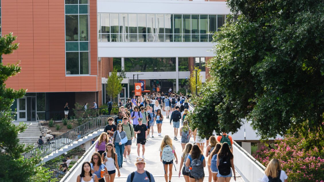 Students navigate Cooper Library on Clemson's campus