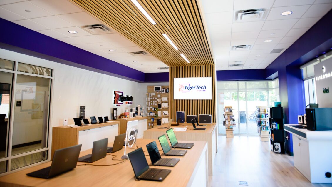 Laptops and IT accessories are displayed in the newly renovated and opened Tiger Tech Shop space in Hendrix Student Center at Clemson University.