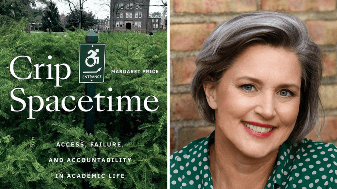 A collage of the cover of "Crip Spacetime" next to a photo of a smiling woman wearing a green shirt.