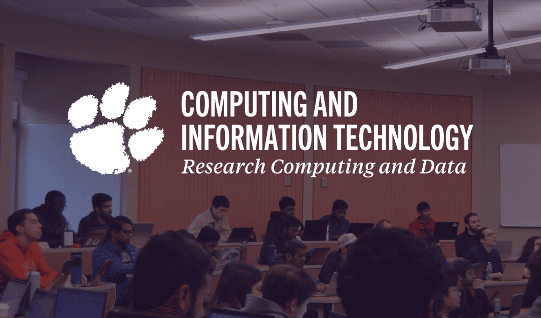 Computing and Information Technology Research Computing and Data logo with a white Clemson paw print and a classroom of graduate students learning in the background