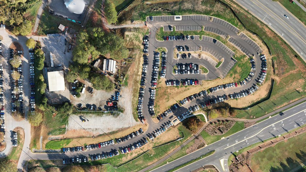 An aerial photo of the Kite Hill parking lot.