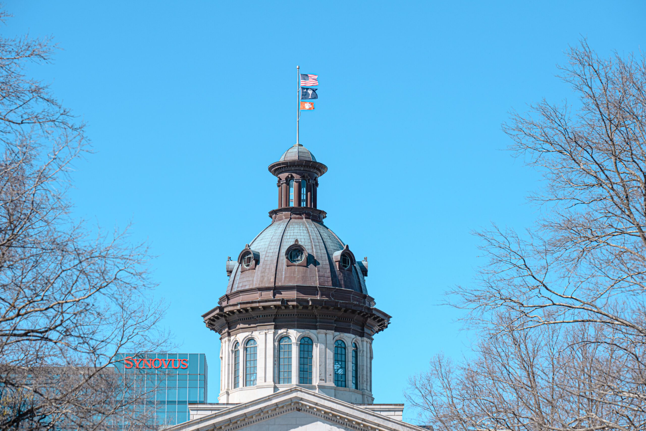 The top of the South Carolina state Capitol shows the orange Clemson flag with white Tiger Paw flying below the U.S. and South Carolina state flags. Bare tree tops and a blue sky are in the background.