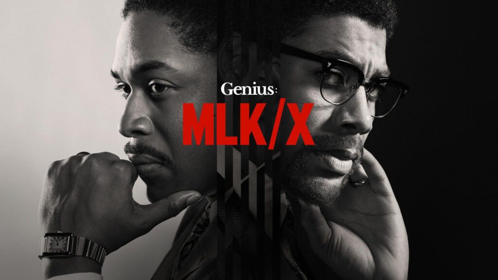 Graphic: Genius: MLK/X. Black and white image of actors portraying Marting Luther King Jr. and Malcolm X