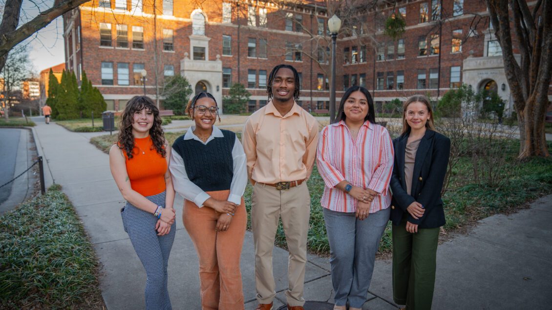 Five Clemson students selected for the leadership symposium in 2025 in the courtyard of Sirrin Hall at Clemson University