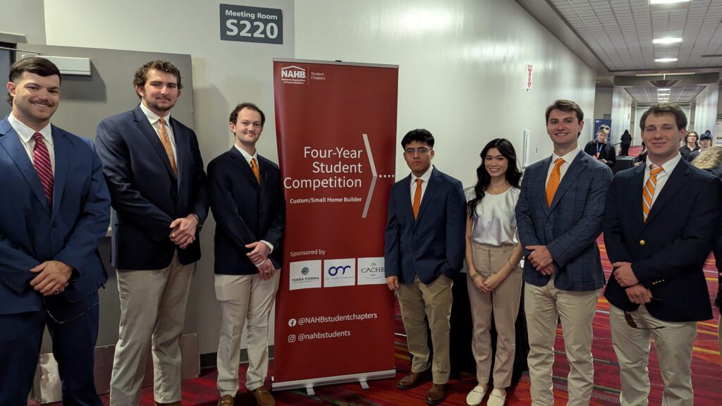 Students in Construction and Management Sciences (from left to right) Will Henderson, Matthew Fischer, Thomas Kurtz, Oscar Hernandez, Vivian Ngyun, Hayden Lee and Solomon Stlenbarger at the International Manufacturers Show in Las Vegas.