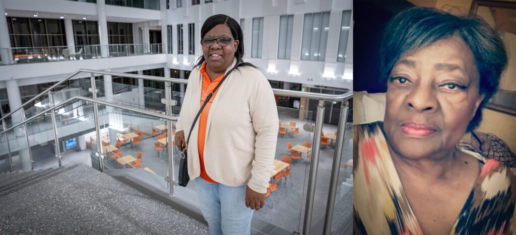 A collage of two photos with the one on the right showing a woman standing in the atrium of the business college and the right a head shot of an elegant African American woman
