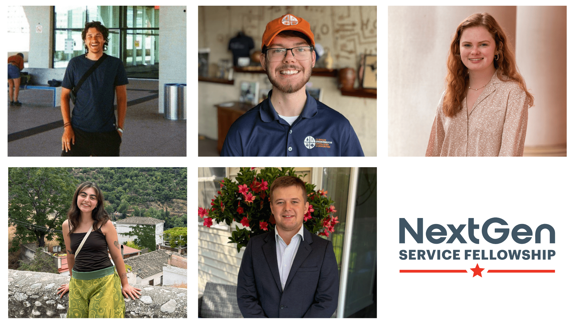 A collage of photos of Clemson NextGen Fellows David Ryan Gregory, Paul Kupfer, Elizabeth Mulligan, Grace Nammouz and Noah James Wilsea, as well as the NextGen program logo.