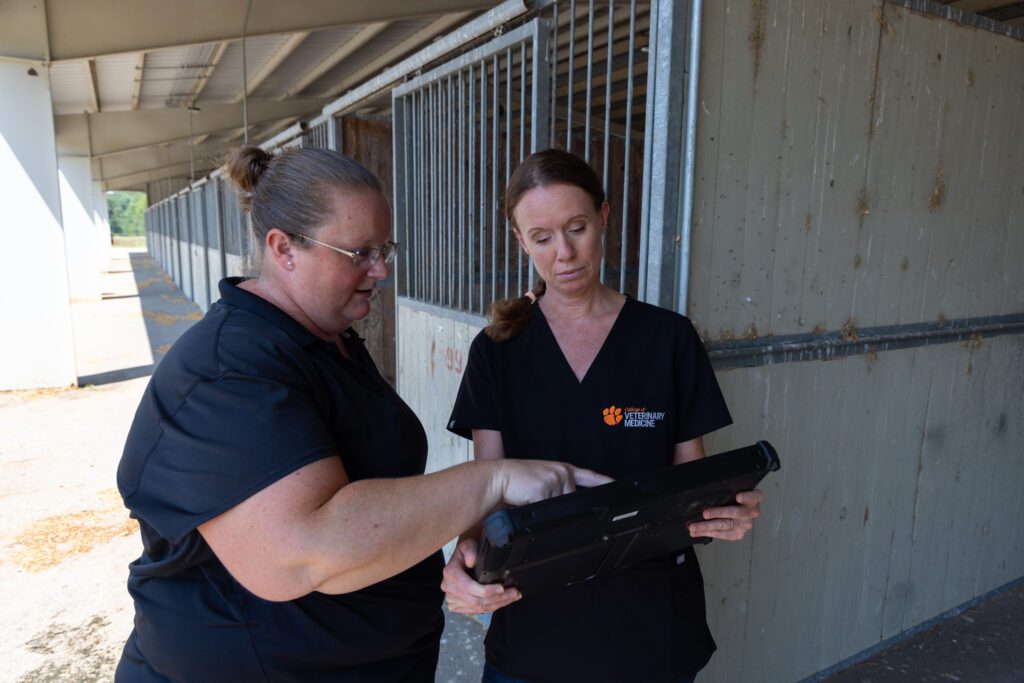 Two women wearing hospital scrubs sand in front of a row of animal stables and look at a computer pad, with the one on the left pointing at something on the pad.