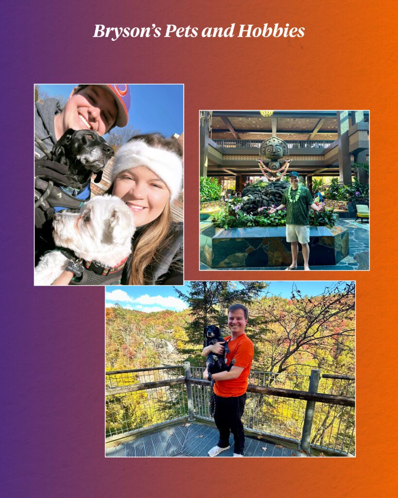 A collage of three photographs that show Toole and his wife holding two dogs, Toole in the atrium of a hotel wearing a Hawaiian lei necklace, and Toole holding a small black dog on a porch overlooking a forest.