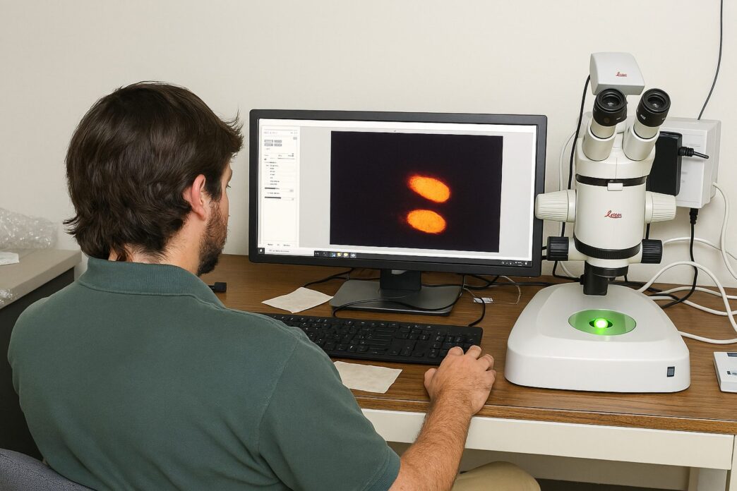 Jacob Johnson, a Clemson University master's student, uses a Leica stereo microscope to study Upland cotton genes. Stereo microscopes allow scientists to view, analyze and document specimens in two and three dimensions.