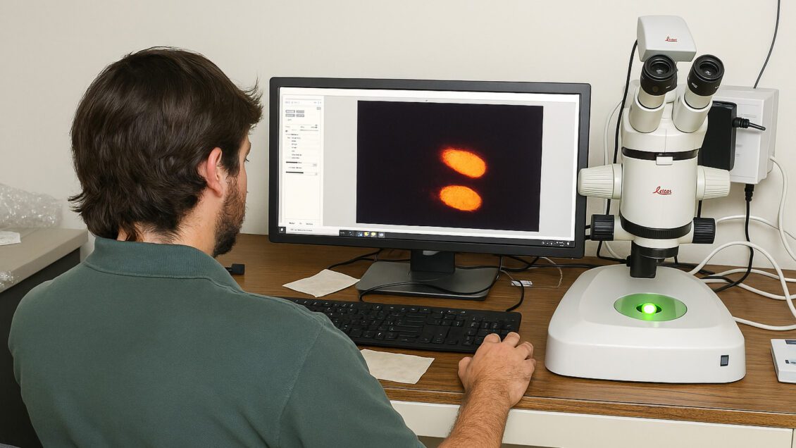 Jacob Johnson, a Clemson University master's student, uses a Leica stereo microscope to study Upland cotton genes. Stereo microscopes allow scientists to view, analyze and document specimens in two and three dimensions.