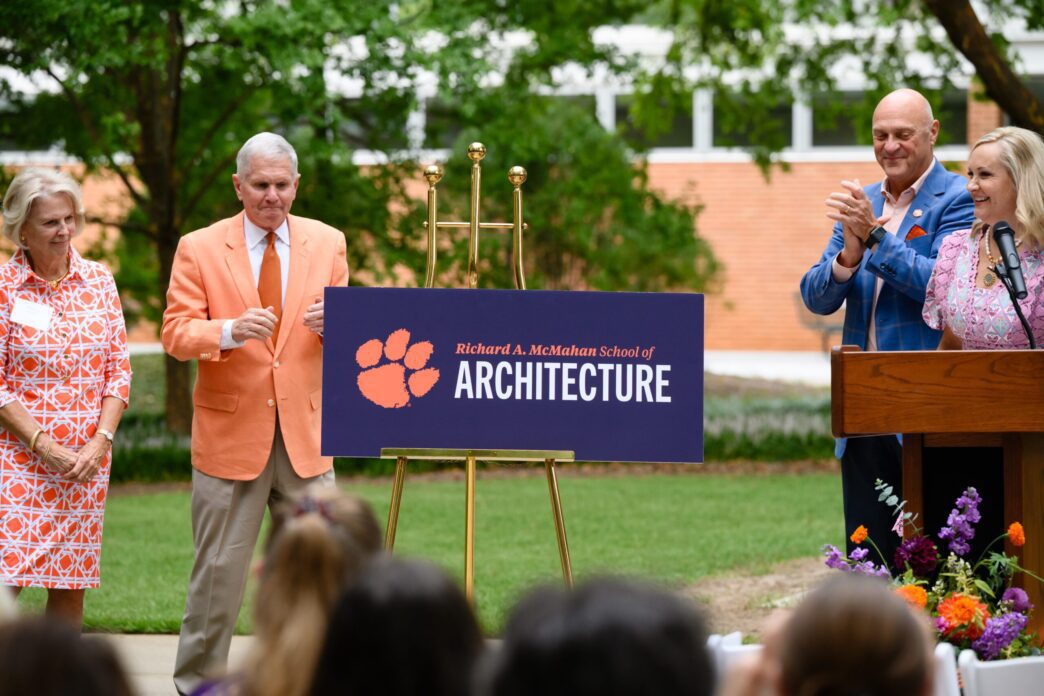 President Jim Clements, First Lady Beth Clements, President Emeritus Jim Barker and former First Lady Marcia Barker unveil the new name for Clemson's School of Architecture: the Richard A. McMahan School of Architecture
