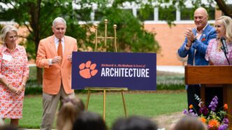 President Jim Clements, First Lady Beth Clements, President Emeritus Jim Barker and former First Lady Marcia Barker unveil the new name for Clemson's School of Architecture: the Richard A. McMahan School of Architecture