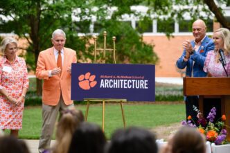 President Jim Clements, First Lady Beth Clements, President Emeritus Jim Barker and former First Lady Marcia Barker unveil the new name for Clemson's School of Architecture: the Richard A. McMahan School of Architecture