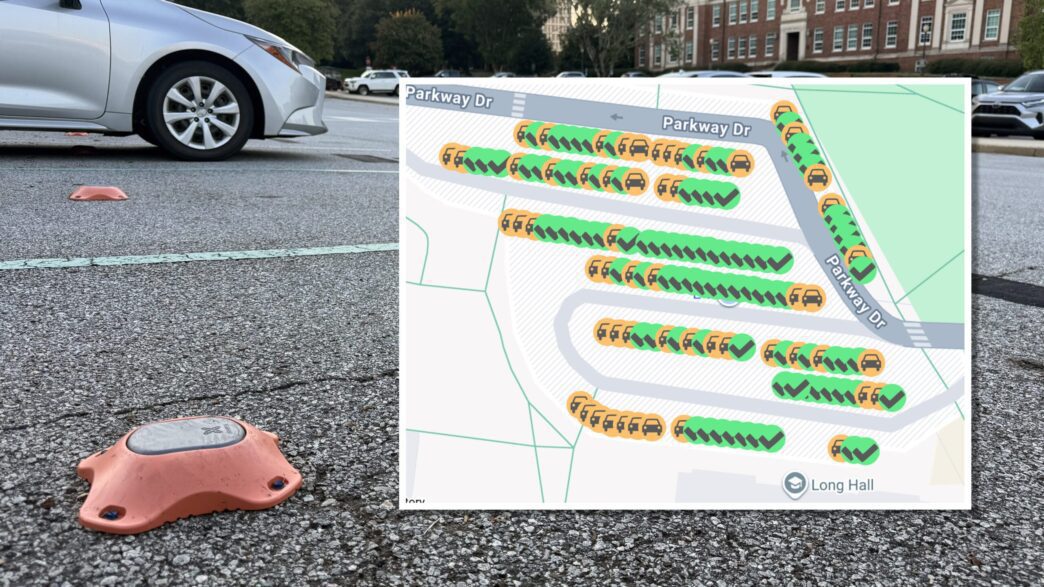 A parking sensor with a screenshot from the Tigers Commute app showing real-time parking overlaid.