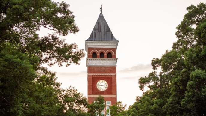 Tillman Hall sits between two trees.