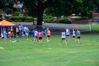 Students enjoy a game of volleyball on the Lower Intramural Field in August 2025