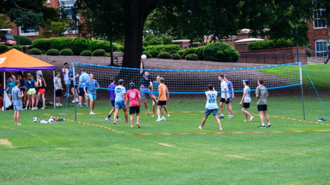 Students enjoy a game of volleyball on the Lower Intramural Field in August 2025