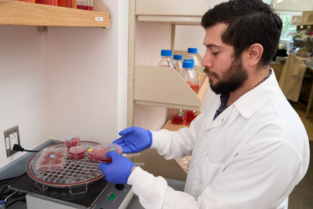 A man wearing a white lab coat and blue gloves holds a container with several samples of malaria blood.