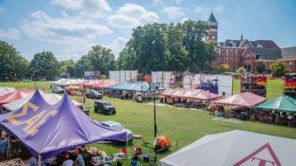 Elaborate displays of school spirit adorn Bowman Field during Clemson's Homecoming Week