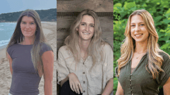 Architecture students who won COTE Ten Design Awards. Left to Right are three women in their twenty's, all white with blonde hair looking directly at the camera. Left: Ciela Stark; Middle: Leah Gripp; Right: Jennifer Layer.