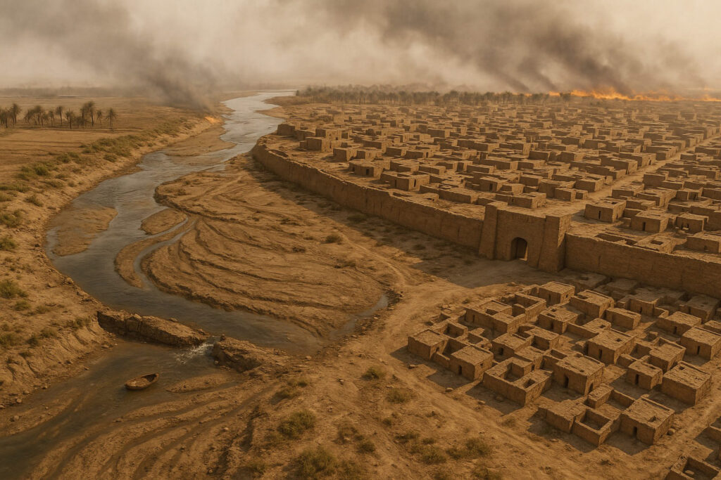 A study of engineered systems that support farming, transportation and prosperity, such as canals used for irrigation in the ancient Mesopotamian City of Lagash, shows how these systems could also become points of failure when mismanaged or exploited. (AI-generated image created by Reed Goodman using ChatGPT)