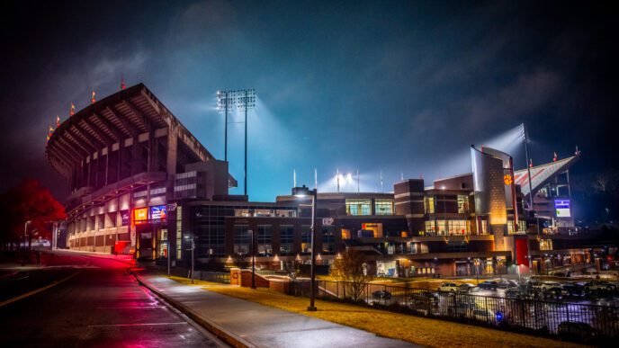 The lights in Memorial Stadium reflect off the