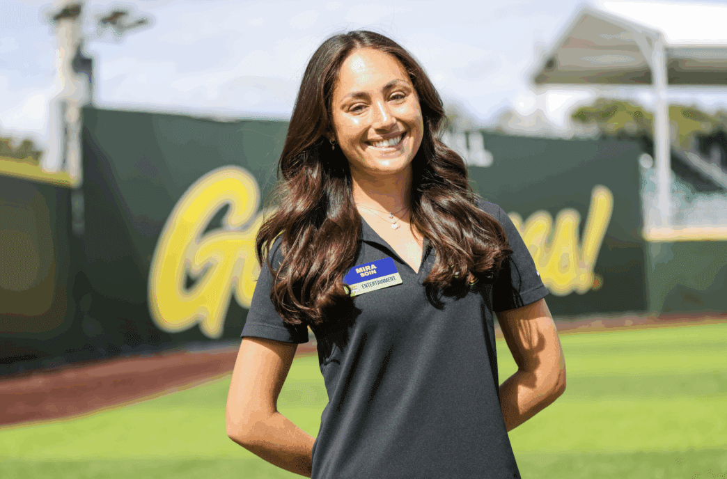 Mira Soin on a baseball field during her internship for the Savannah Bananas