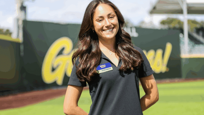 Mira Soin on a baseball field during her internship for the Savannah Bananas