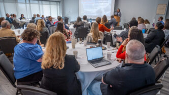 Anna Courie speaks to a group of students on Clemson's main campus