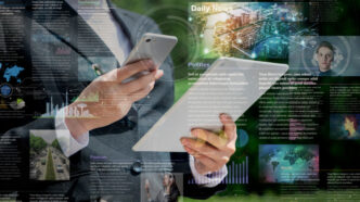 Graphic illustration of a person reading news while holding a phone and a tablet.