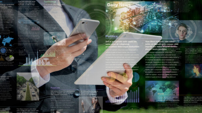 Graphic illustration of a person reading news while holding a phone and a tablet.