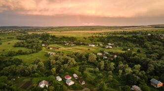 Aerial view of rural area at sunset