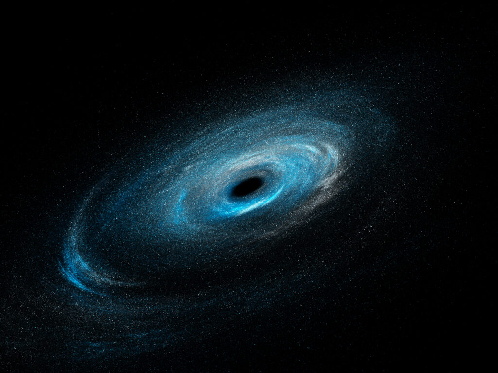 Artist rendering of a spiral galaxy with stars and black hole showing a blue spiral with a black hole in the middle on a black background with stars.
